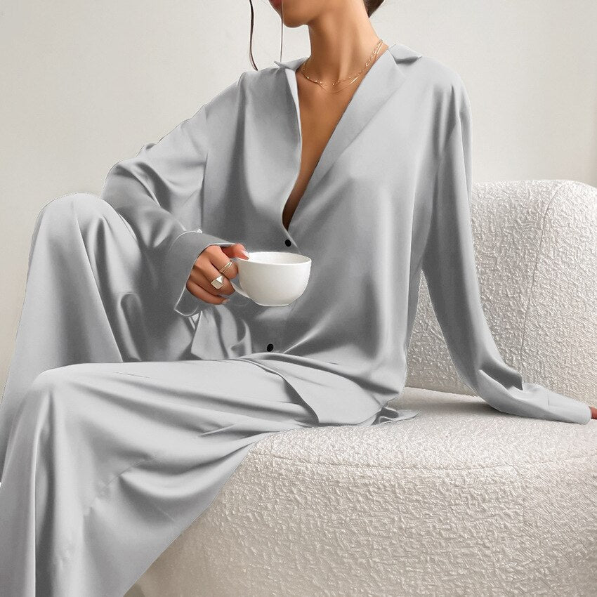 Women's Satin Wide Leg Pyjama Set | Button-Up Lounge Set