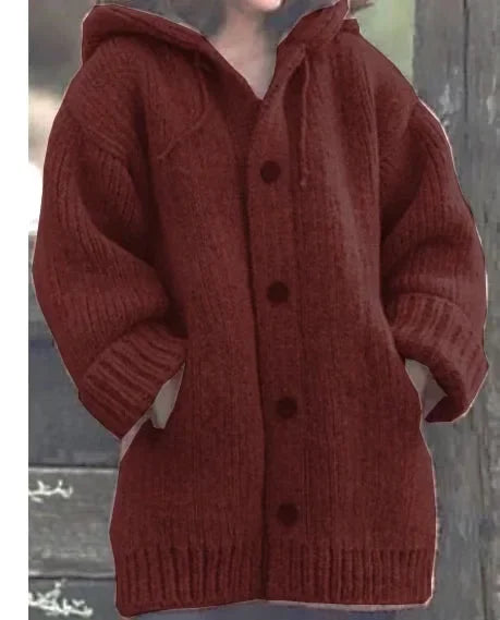 Women's Chunky Knit Hooded Cardigan with Oversized Collar and Large Button Front – Relaxed Fit Longline Knitted Sweater with Deep Pockets and Ribbed Cuffs for Cosy Autumn and Winter Everyday Wear