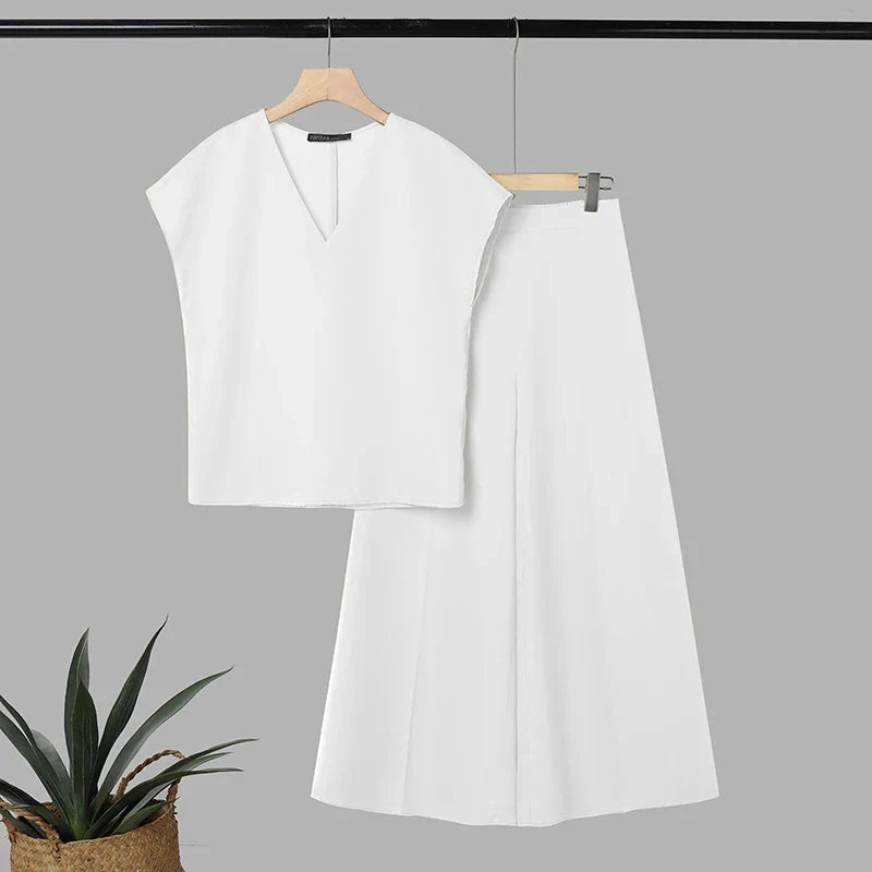 Women’s V-Neck Wide-Leg Pant Set