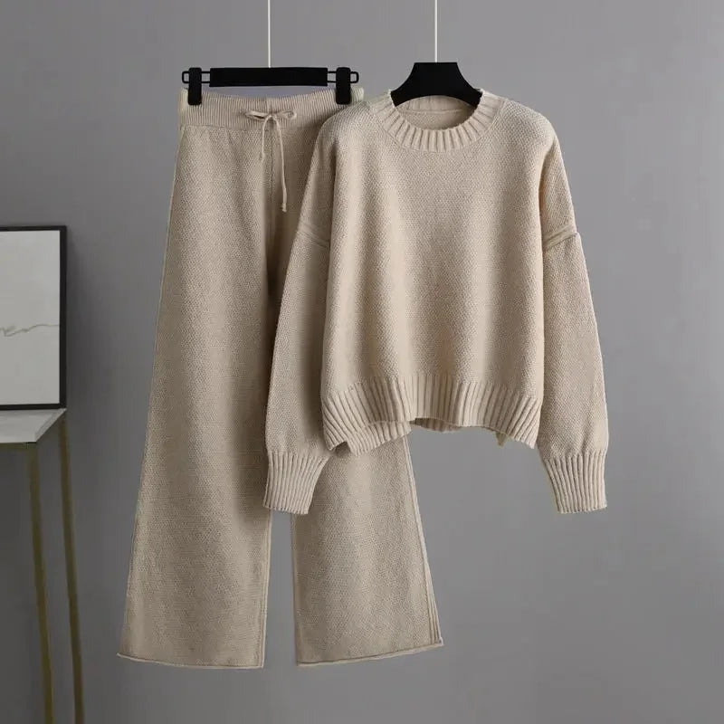 Women's Ribbed Knit Two-Piece Set Round Neck Jumper