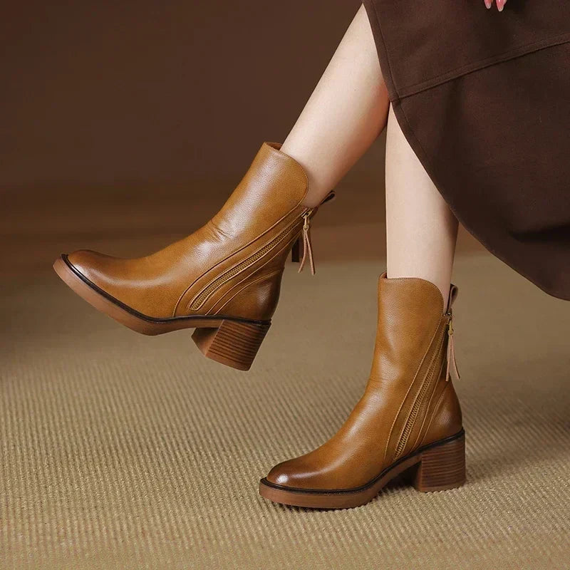 Women's Block Heel Ankle Boots | Tan Leather Finish