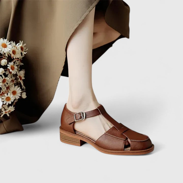 Women's T-Strap Sandals with Buckle and Low Stacked Heel