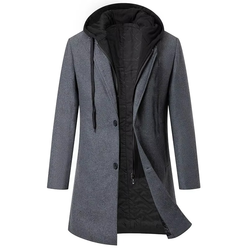Men's Hooded Wool-Blend Trench Coat | Long Winter Overcoat