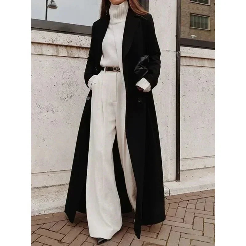 Women's Elegant Double-Breasted Longline Coat with Wide Notch Lapels and Relaxed Tailored Fit – Classic Full Length Winter Overcoat for Sophisticated Office Wear and Smart Casual Autumn and Winter Outfits