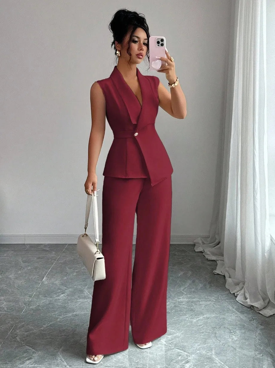Women's Two Piece Sleeveless Wide Leg Pants Set