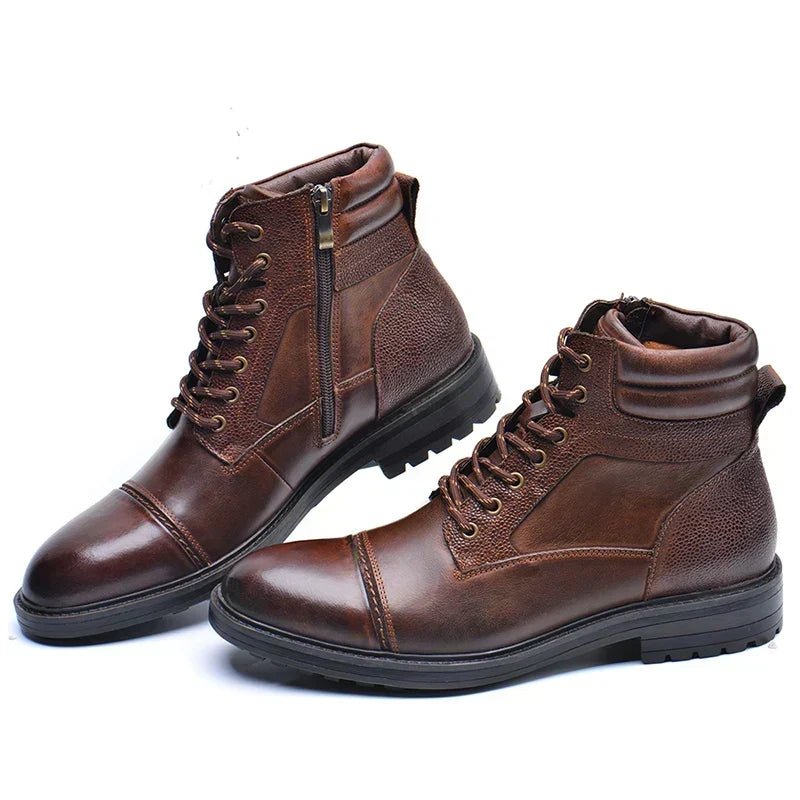 Men's Leather-Look Lace-Up Boots with Side Zip