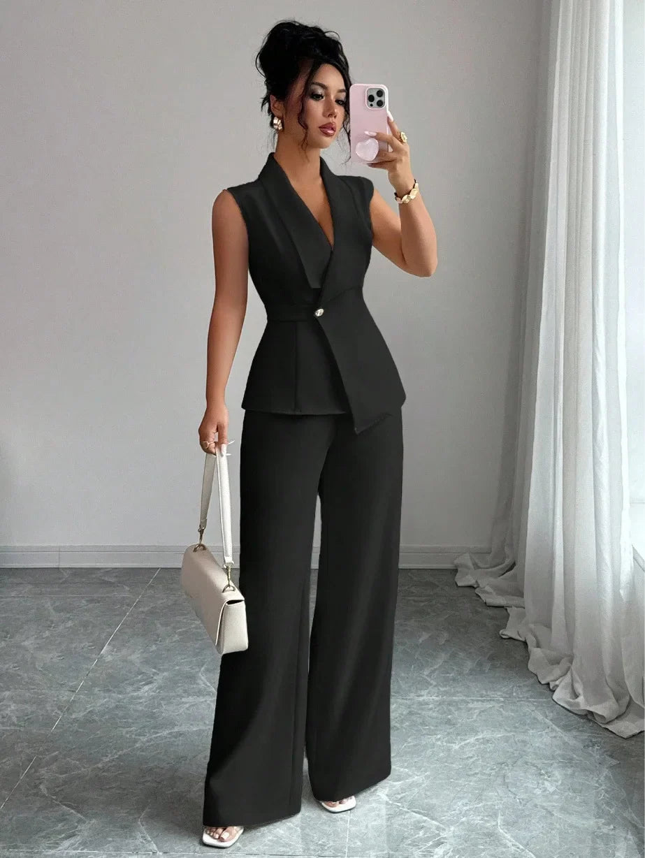 Women's Two Piece Sleeveless Wide Leg Pants Set