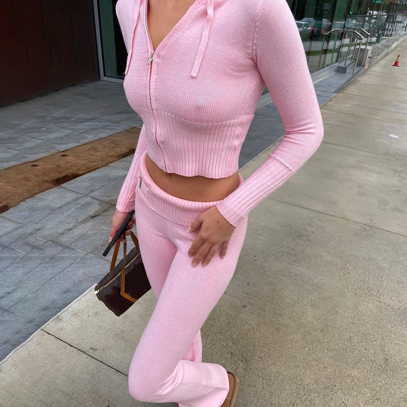 Women's Zip Front Lounge Set with Cropped Top and Flared Trousers