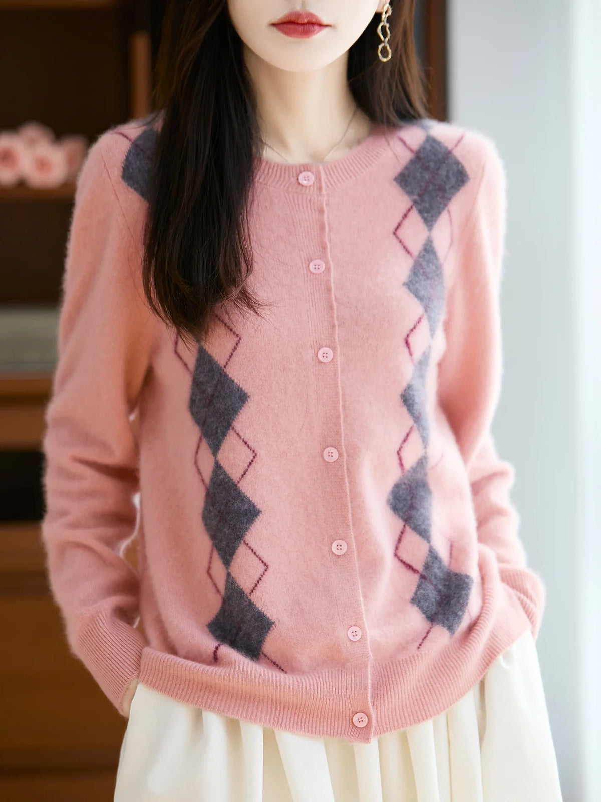 Trieste Argyle Merino Wool Blend Cardigan