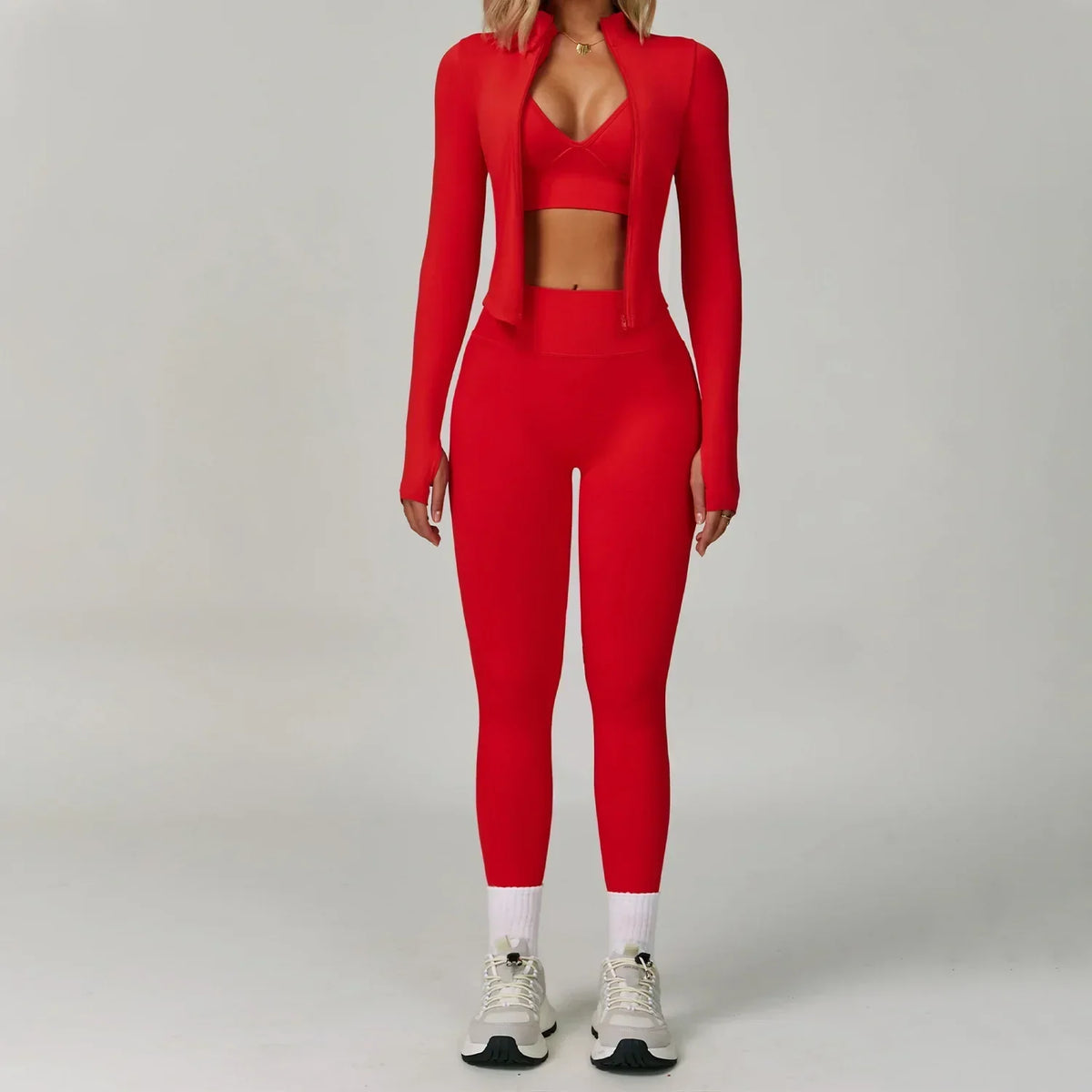 Women’s Seamless Three-Piece Activewear Set with Zip-Up Jacket and High Waisted Leggings – Stretchy Sports Bra and Fitness Outfit for Yoga and Gym Workouts