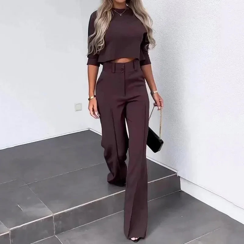 Women’s Elegant Cropped Three Quarter Sleeve Top and High Waisted Wide Leg Trouser Set – Modern Two-Piece Smart Casual Outfit