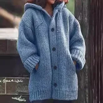 Women's Chunky Knit Hooded Cardigan with Oversized Collar and Large Button Front – Relaxed Fit Longline Knitted Sweater with Deep Pockets and Ribbed Cuffs for Cosy Autumn and Winter Everyday Wear