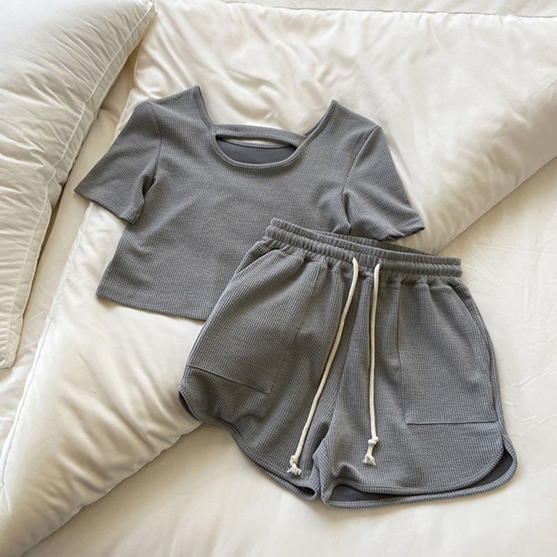 Women's Ribbed Loungewear Set Short Sleeve with Shorts