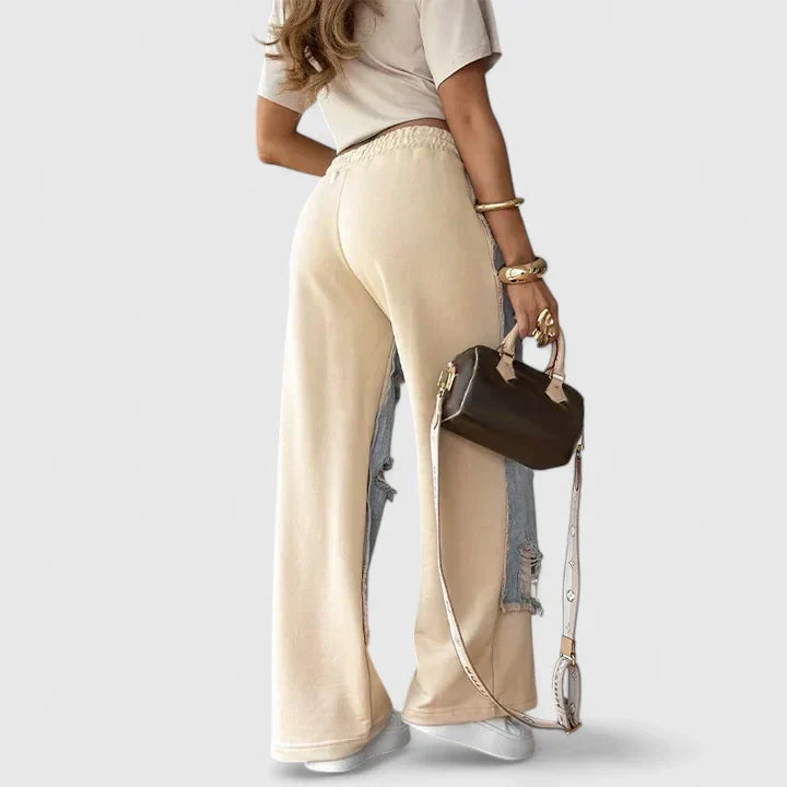 Women's Distressed Patchwork Wide Leg Denim Jeans with Elastic Drawstring Waist – Relaxed Fit Ripped Denim Jogger Trousers for Casual Everyday Streetwear and Comfortable Weekend Outfits