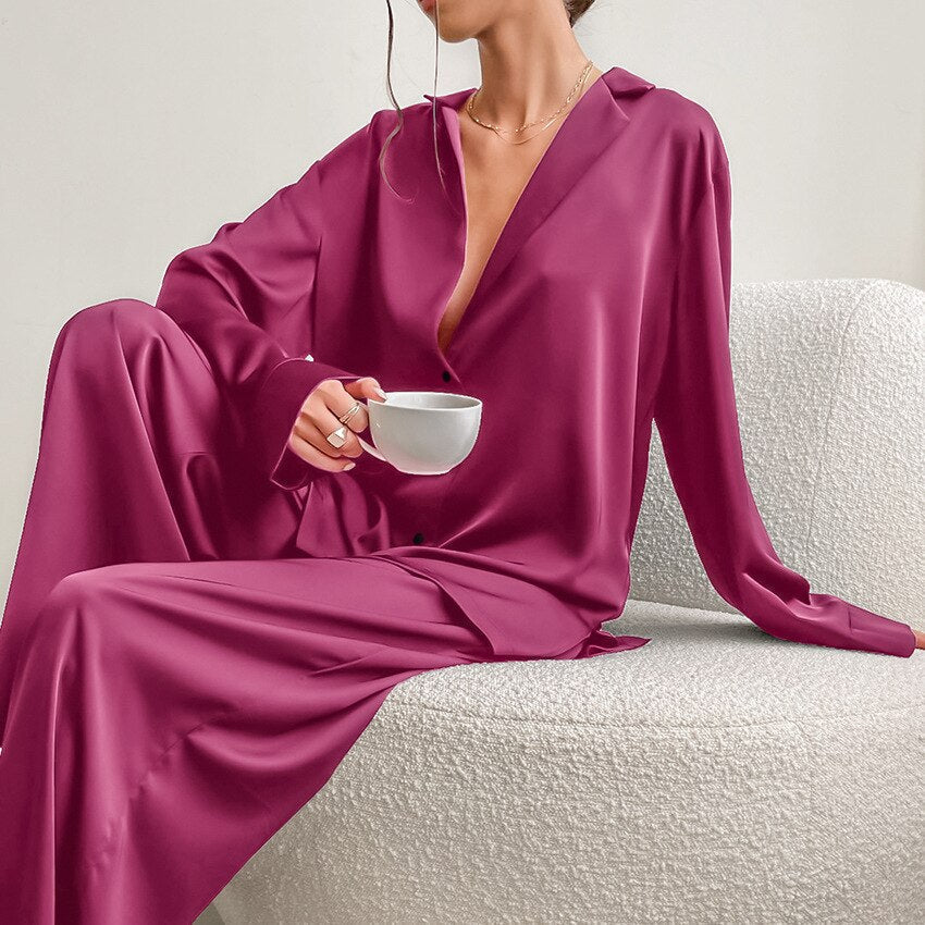 Women's Satin Wide Leg Pyjama Set | Button-Up Lounge Set