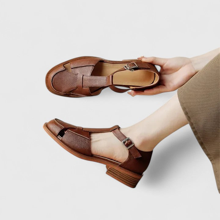 Women's T-Strap Sandals with Buckle and Low Stacked Heel