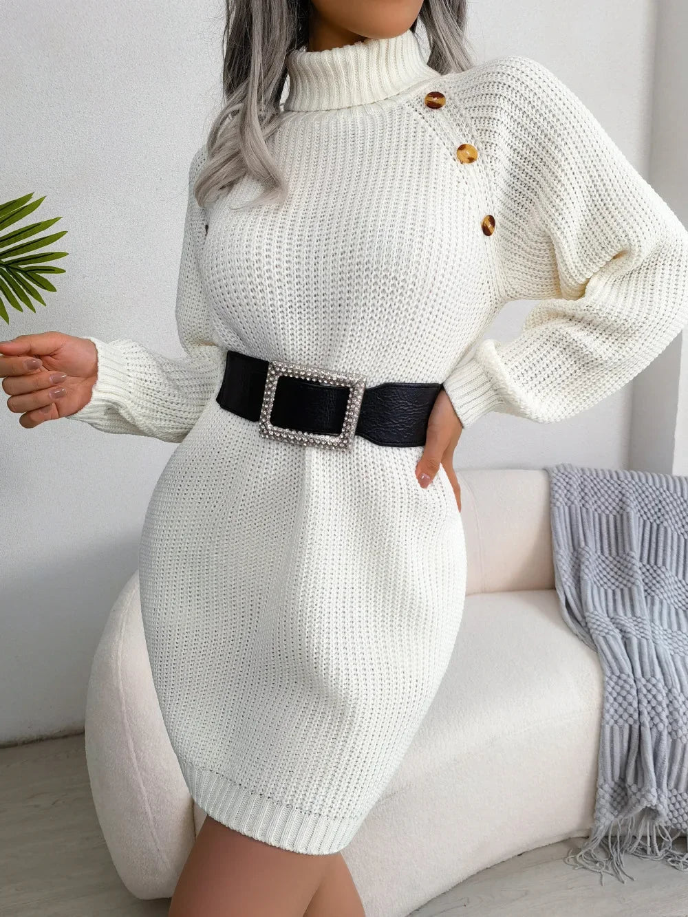 Women's Chunky Ribbed Knit Turtleneck Mini Dress – Puff Sleeve Button Detail Sweater Dress for Elegant Autumn and Winter Wear