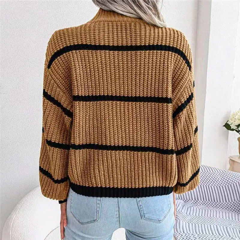 Women’s Striped Knitted Sweater with Ribbed High Neck and Contrast Cuffs – Relaxed Fit Chunky Knitwear for Casual Autumn and Winter Dressing