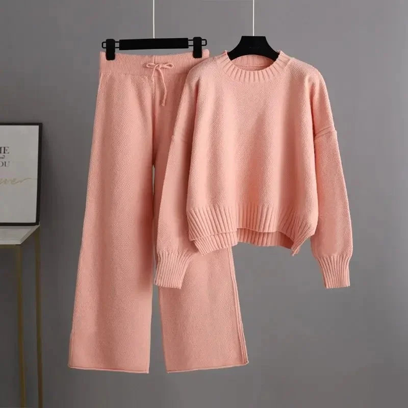 Women's Ribbed Knit Two-Piece Set Round Neck Jumper