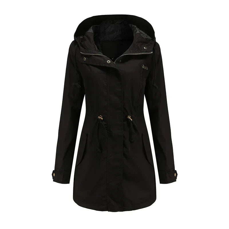 Women's Lightweight Hooded Parka Jacket with Adjustable Drawstring Waist and High Neck – Relaxed Fit Long Sleeve Utility Outerwear with Front Pockets for Casual Spring and Autumn Everyday Wear