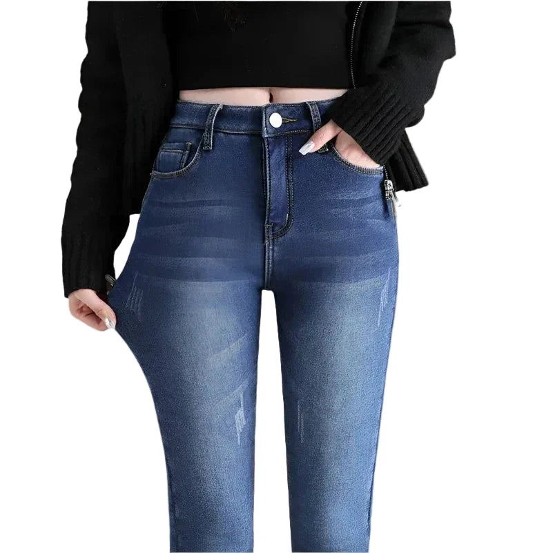 Women's Warm Fleece Lined Denim Jeans with High Waist and Stretch Fit – Thick Insulated Long Winter Trousers with Soft Plush Interior for Comfortable Casual Everyday Wear in Cold Weather