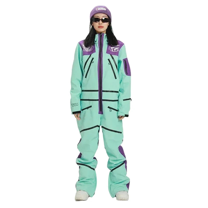 Women's Waterproof Ski Jumpsuit with High Collar – Breathable One-Piece Winter Suit for Skiing and Snowboarding
