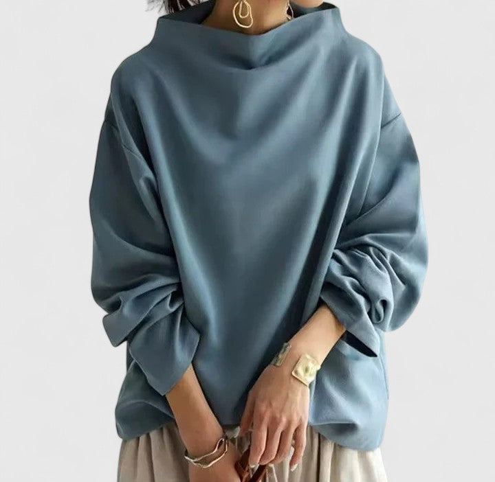 Women's Elegant High Neck Long Sleeve Top – Relaxed Fit with Draped Funnel Neck for Smart Casual and Office Wear