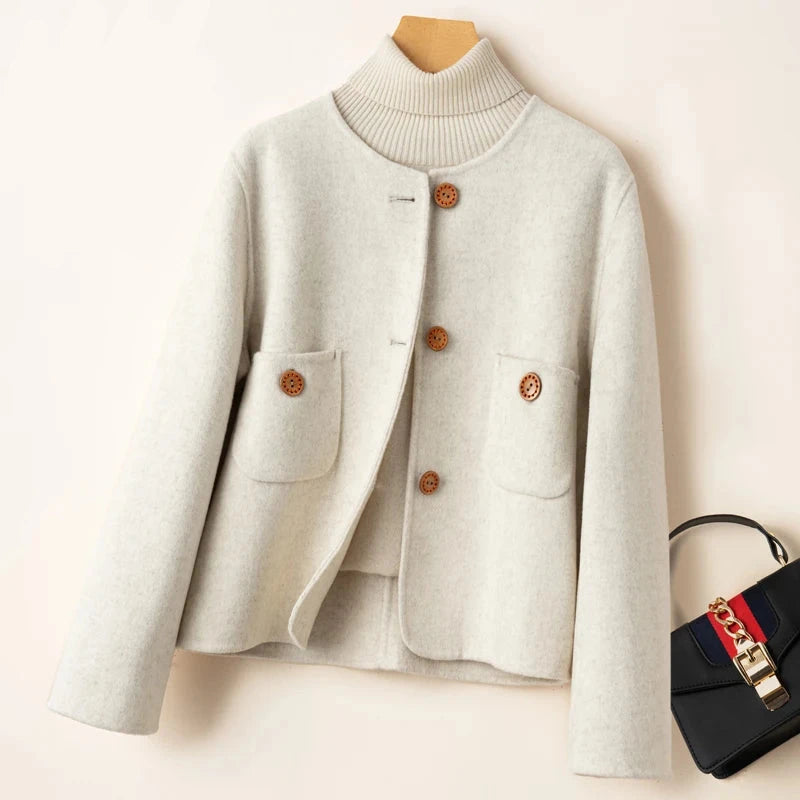 Women's Elegant Cropped Wool Blend Jacket with Round Neck and Button Front – Relaxed Fit Short Tailored Outerwear with Patch Pockets and Long Sleeves for Smart Casual Office Wear and Autumn Spring Layering