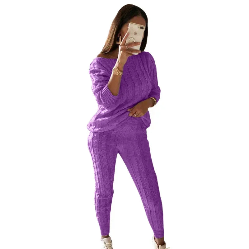 Women’s Cable Knit Jumper and Jogger Set with Wide Neckline – Relaxed Two-Piece Lounge Outfit with Cuffed Trousers for Autumn and Winter
