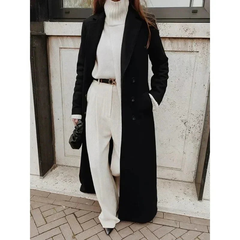 Women's Elegant Double-Breasted Longline Coat with Wide Notch Lapels and Relaxed Tailored Fit – Classic Full Length Winter Overcoat for Sophisticated Office Wear and Smart Casual Autumn and Winter Outfits