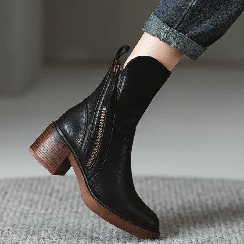 Women's Mid-Calf Zip Detail Block Heel Boots