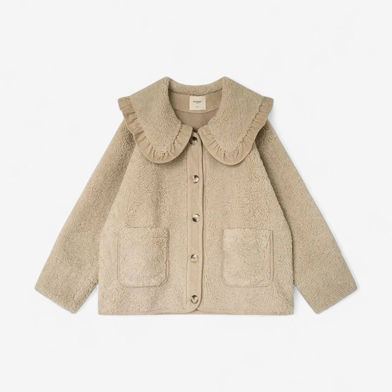 Women’s Longline Teddy Fleece Coat with Oversized Ruffled Collar and Button Front – Cosy Relaxed Winter Outerwear with Patch Pockets