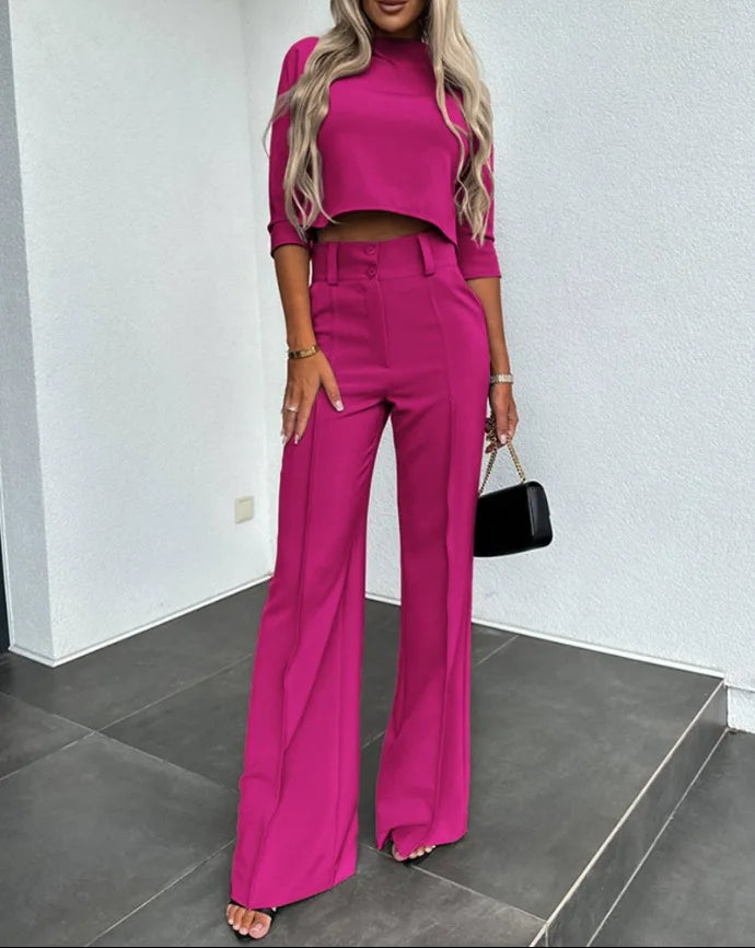 Women’s Elegant Cropped Three Quarter Sleeve Top and High Waisted Wide Leg Trouser Set – Modern Two-Piece Smart Casual Outfit