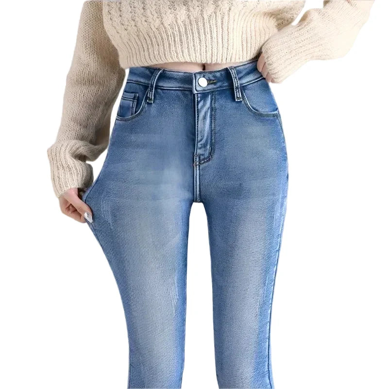 Women's Warm Fleece Lined Denim Jeans with High Waist and Stretch Fit – Thick Insulated Long Winter Trousers with Soft Plush Interior for Comfortable Casual Everyday Wear in Cold Weather