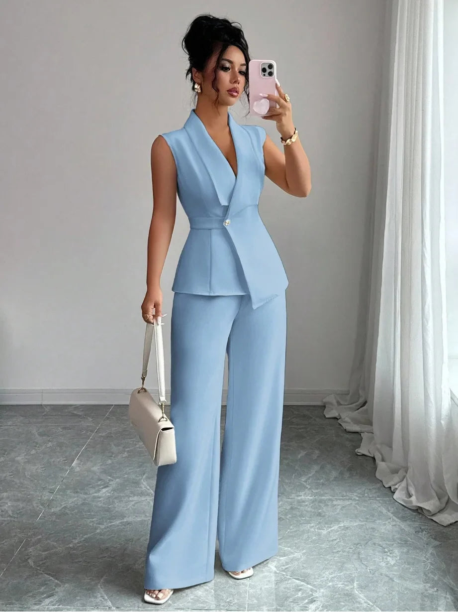 Women's Two Piece Sleeveless Wide Leg Pants Set