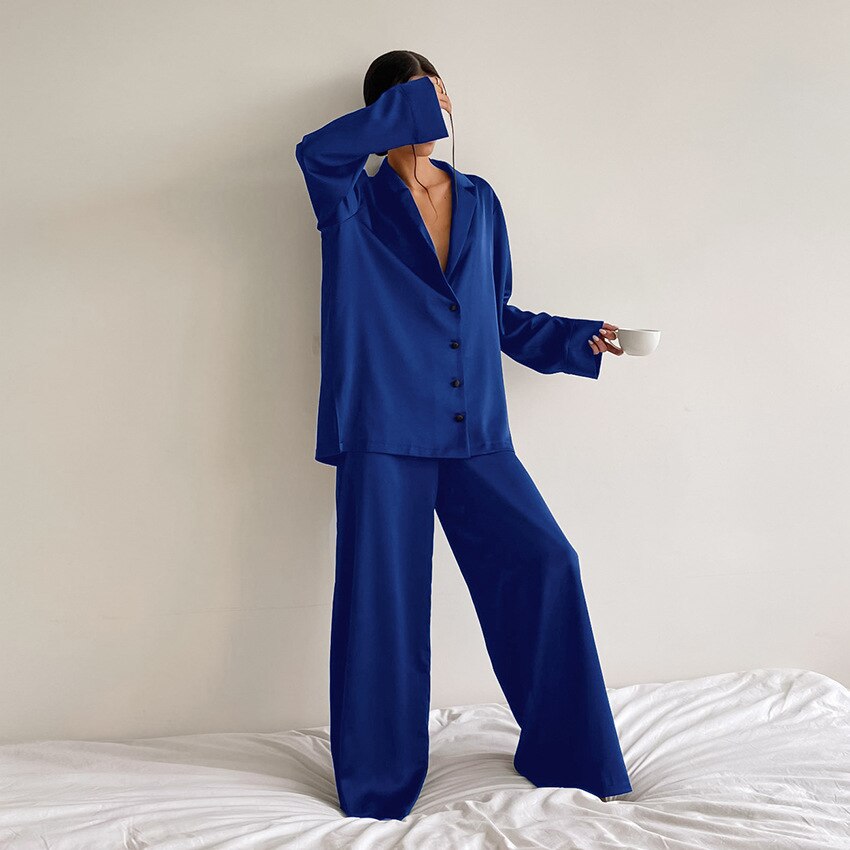 Women's Satin Wide Leg Pyjama Set | Button-Up Lounge Set
