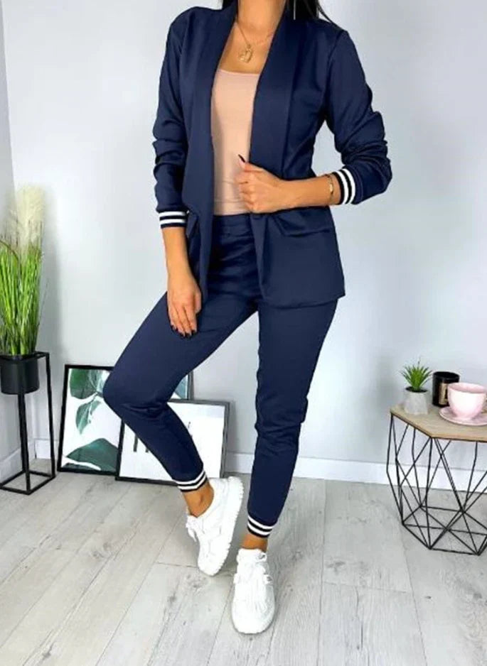 Women's Smart Casual Two-Piece Blazer and Jogger Trousers Set with Contrast Trim – Elegant Fitted Open Front Jacket and High-Waisted Drawstring Trousers for Comfortable Office Wear and Modern Everyday Styling