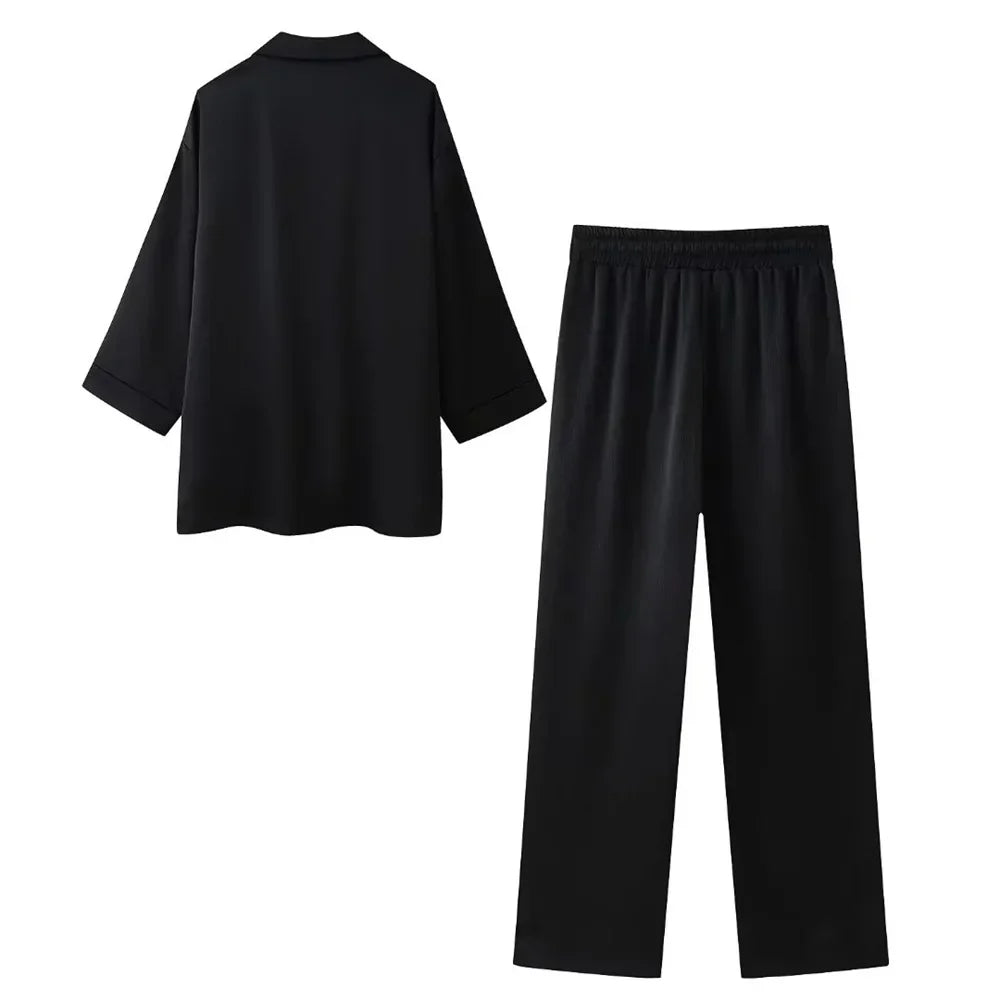 Women's Double-Breasted Blazer and Wide-Leg Trousers Set – Elegant Relaxed Tailored Suit for Office and Formal Occasions