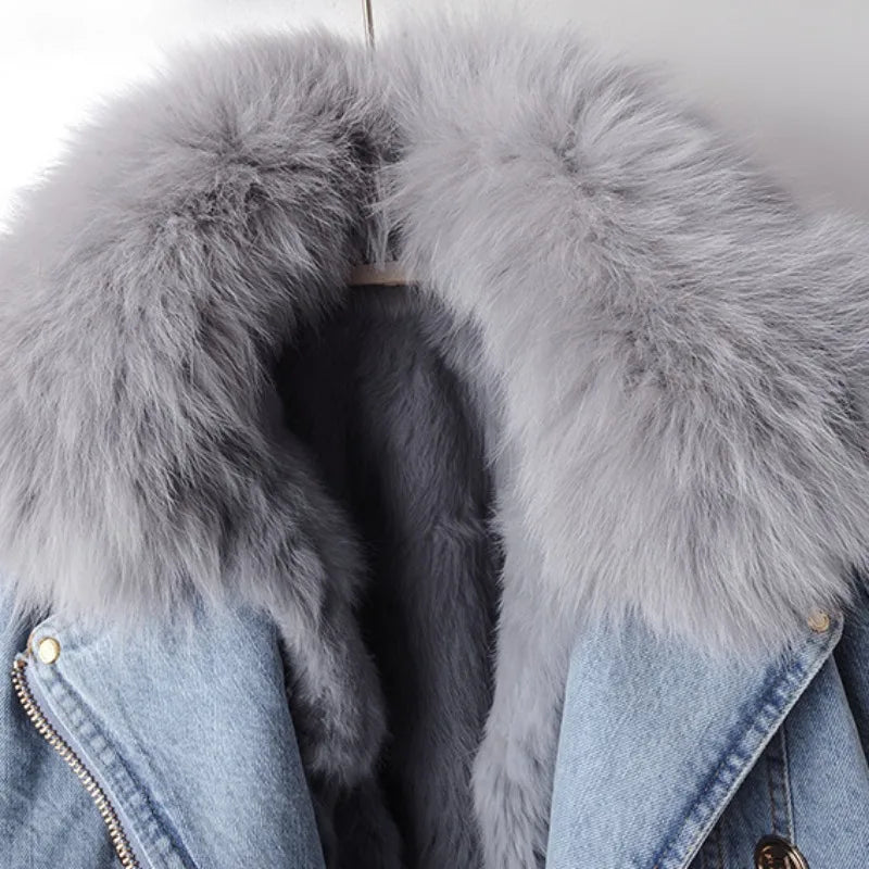 Women's Cropped Denim Biker Jacket with Plush Faux Fur Collar and Cuffs – Warm Lined Winter Outerwear with Asymmetric Zip Fastening and Adjustable Waist Belt for Elegant Casual Autumn and Winter Streetwear