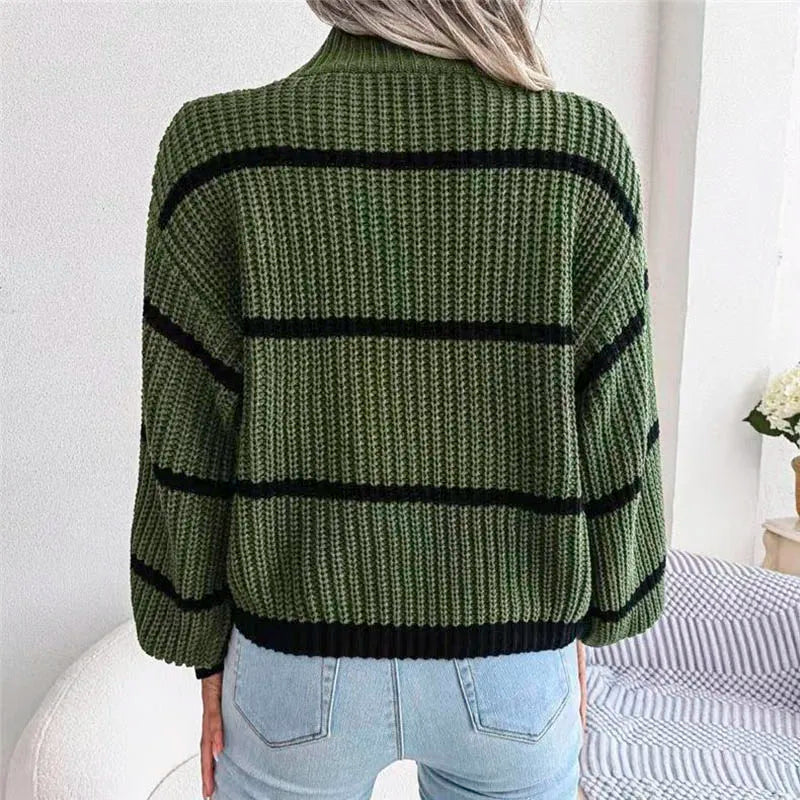 Women’s Striped Knitted Sweater with Ribbed High Neck and Contrast Cuffs – Relaxed Fit Chunky Knitwear for Casual Autumn and Winter Dressing