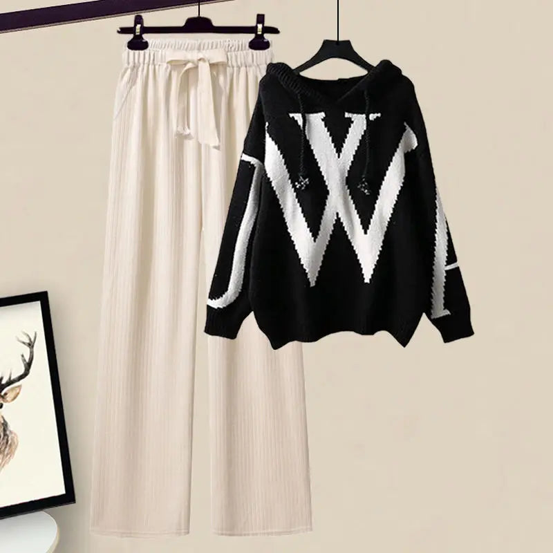 Women’s Knitted Hooded Jumper and Wide-Leg Trouser Set – Relaxed Cotton-Blend Two-Piece Outfit with Bold Contrast Detailing for Autumn