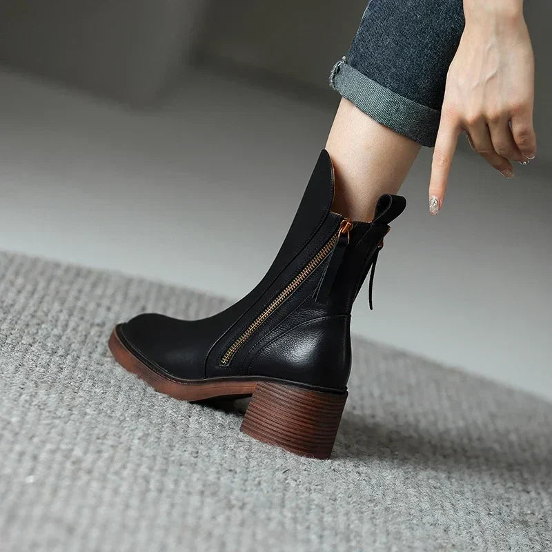 Women's Block Heel Ankle Boots | Tan Leather Finish