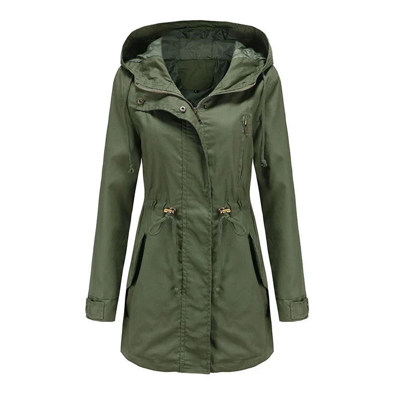 Women's Lightweight Hooded Parka Jacket with Adjustable Drawstring Waist and High Neck – Relaxed Fit Long Sleeve Utility Outerwear with Front Pockets for Casual Spring and Autumn Everyday Wear