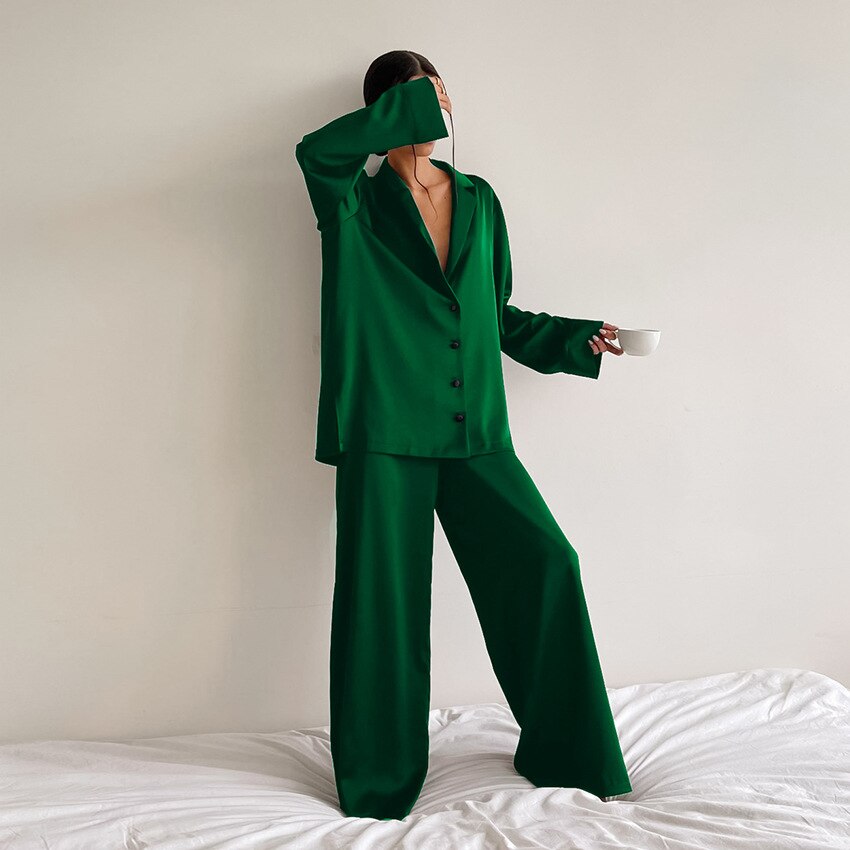 Women's Satin Wide Leg Pyjama Set | Button-Up Lounge Set