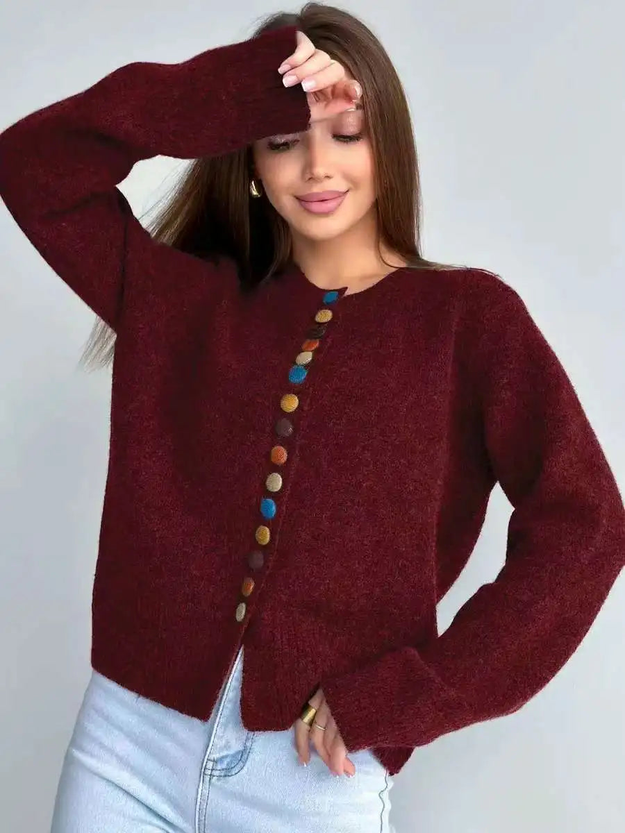 Lisette | Long Sleeve Round Neck Rainbow Button Cardigan