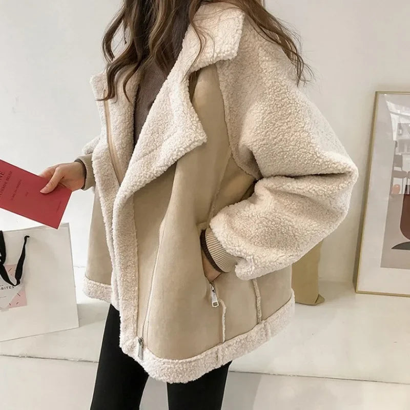 Women's Faux Shearling Aviator Jacket | Suede Biker Coat