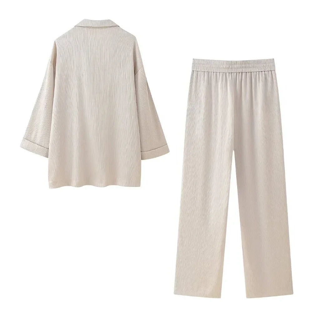 Women's Double-Breasted Blazer and Wide-Leg Trousers Set – Elegant Relaxed Tailored Suit for Office and Formal Occasions