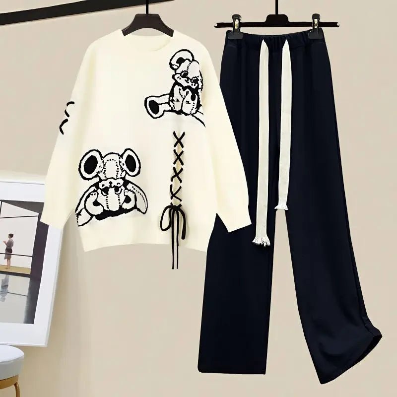 Women’s Graphic Sweatshirt and Wide-Leg Trouser Set with Lace-Up Detailing – Relaxed Cotton-Blend Two-Piece Outfit for Autumn and Winter Casual Wear