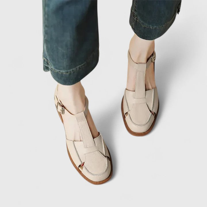 Women's T-Strap Sandals with Buckle and Low Stacked Heel