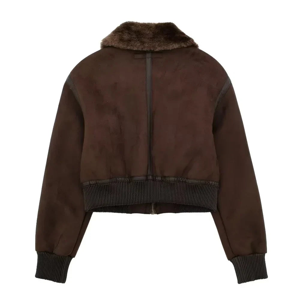 Women’s Cropped Suede-Look Bomber Jacket with Plush Shearling Collar and Ribbed Cuffs – Warm Vintage Inspired Winter Outerwear